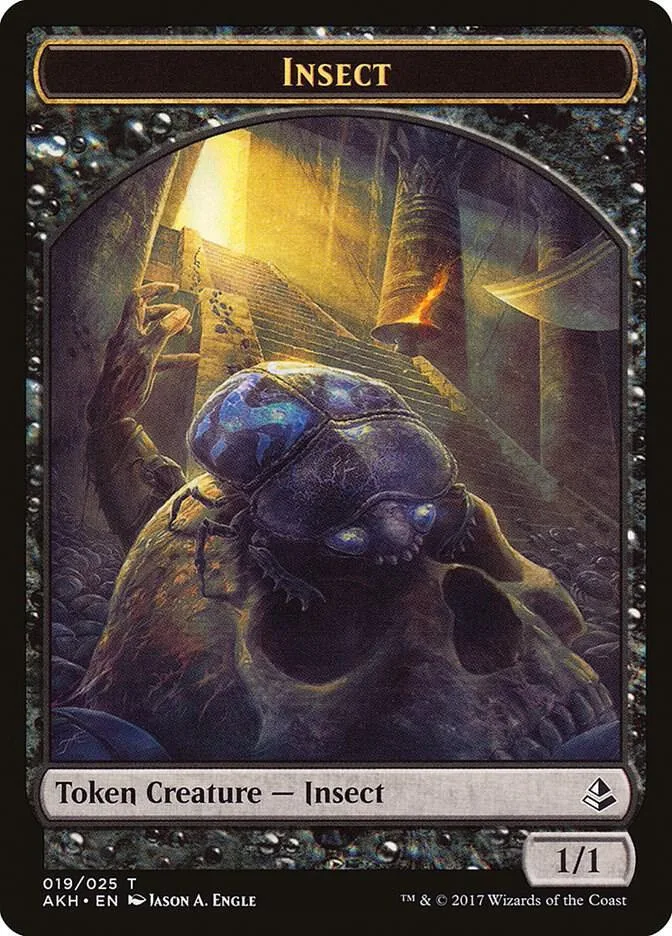 Dark blue insect creature on card art, set against a dramatic, golden background.
