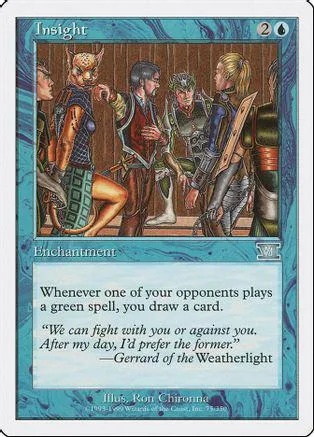 Fantasy scene of five figures in blue and brown tones on a card.