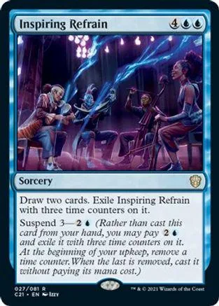 Blue and purple magic scene with figures under glowing lights. Sorcery card.
