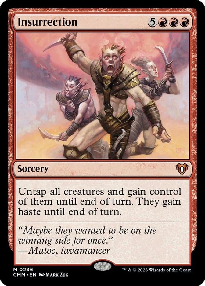 Three fantasy warriors in action, wielding weapons, on a Magic: The Gathering card.