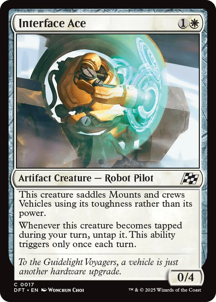 Robot pilot card art featuring a golden robot in a futuristic setting.