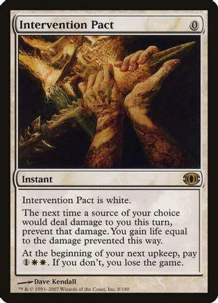 White Magic: The Gathering card, Intervention Pact, showing hands grasping a tree.