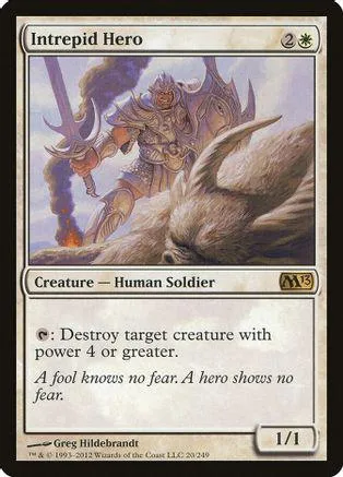 Fantasy warrior with sword over large grey wolf on a card.