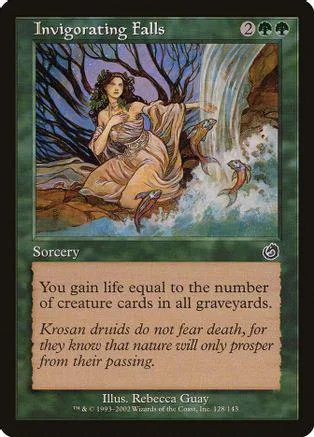 Woman by waterfall on card art. Sorcery card with green and blue tones.