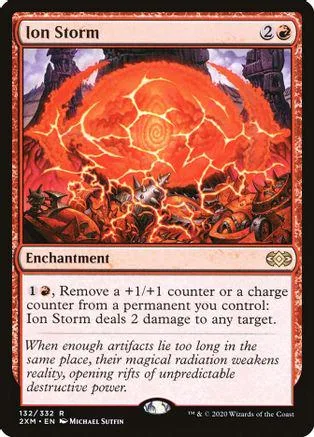 Red and orange elemental storm on a card, "Ion Storm" enchantment.