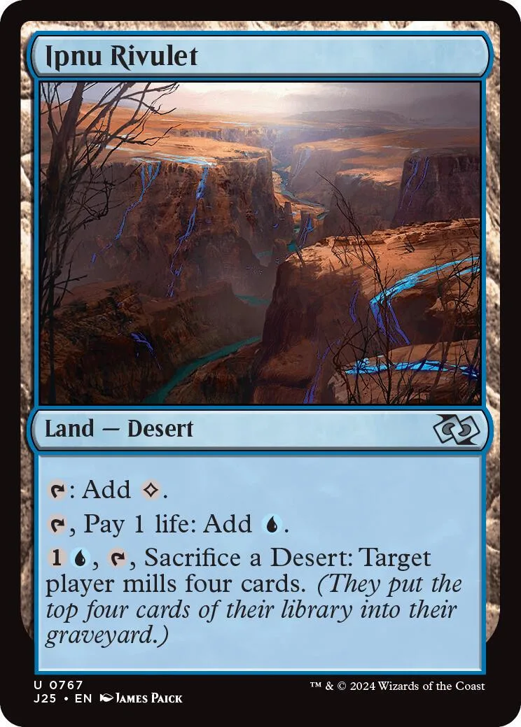 Magic: The Gathering card art of desert canyon landscape. Blue and brown tones.