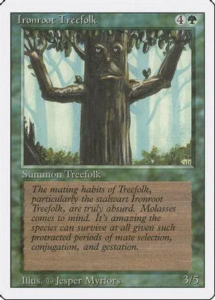 Large tree in forest art on a green and white trading card.