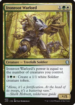 Dark, armored tree creature on a green background, Ironroot Warlord card.