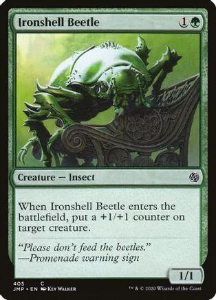Green beetle creature on ornate chair, showing card text and stats.