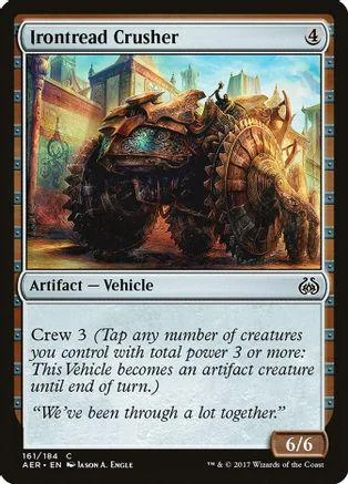 Dark, armored vehicle on a card with blue and orange tones.