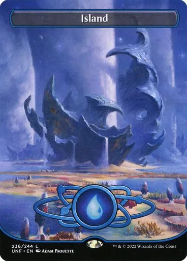 Blue and purple fantasy landscape on a collectible trading card.