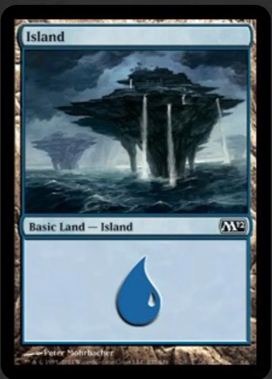 Blue and dark fantasy landscape card featuring a large, dark island in water.