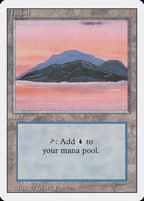 Magic: The Gathering Island land card, pink and blue landscape art.