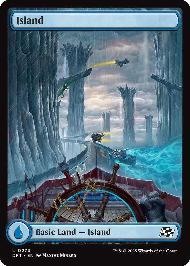 Blue and gray fantasy scene with water, ships, and towering trees on a card.