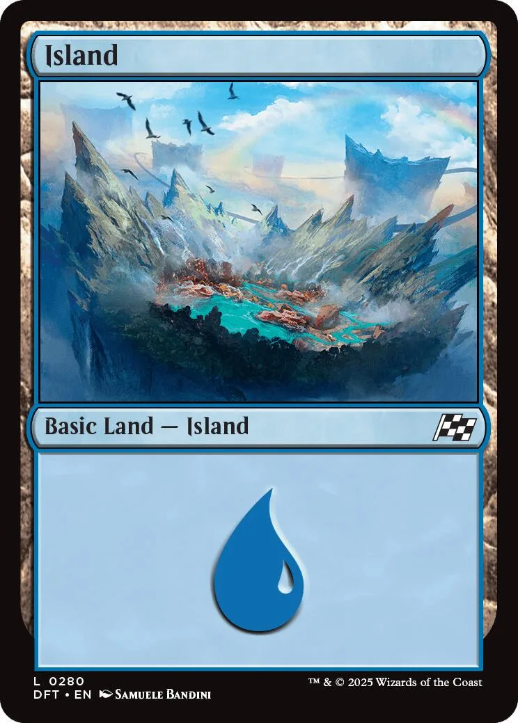 Blue and white Magic: The Gathering Island land card art of a misty, mountainous island.