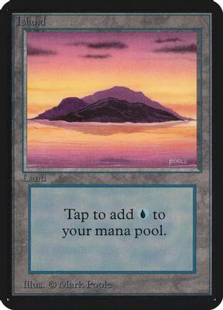 Purple and orange sunset over mountains on a Magic: The Gathering land card.