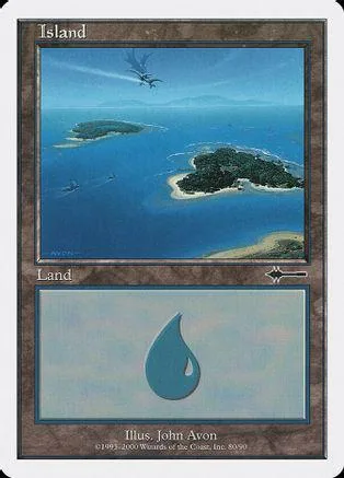 Blue and green island landscape on a Magic: The Gathering land card.