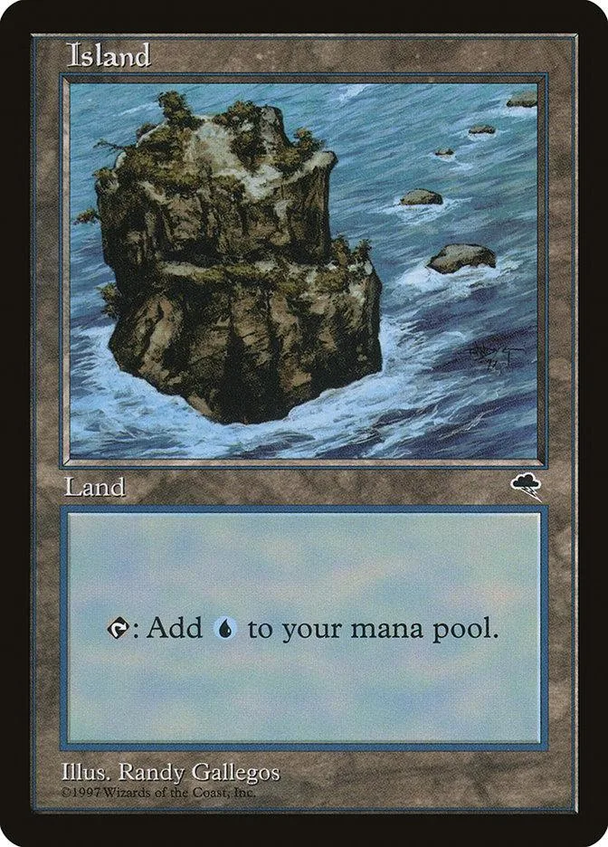 Blue and brown island landscape on a Magic: The Gathering land card.