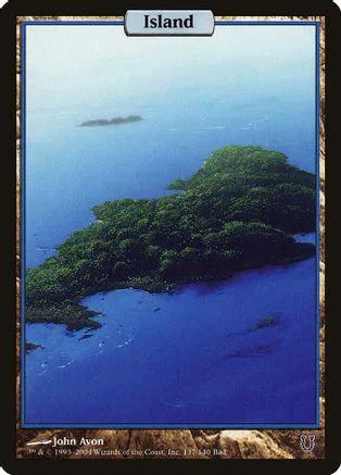 Blue ocean island with green trees, framed card, "Island" text visible.