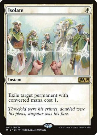 Magic: The Gathering card, "Isolate," featuring figures in a fantasy scene.