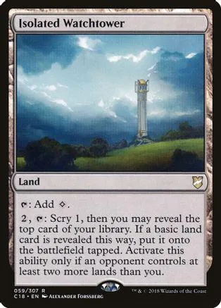 Blue sky landscape with a tall tower; Magic: The Gathering land card.