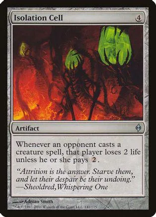 Dark, fiery scene on a Magic: The Gathering card titled "Isolation Cell.