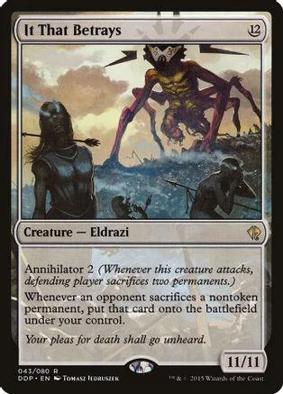 Dark, multi-legged creature attacks in a fantasy landscape on a Magic card.