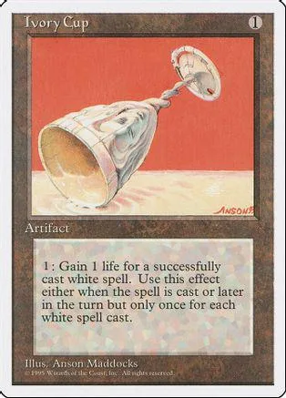 White cup artifact card with orange background and text.