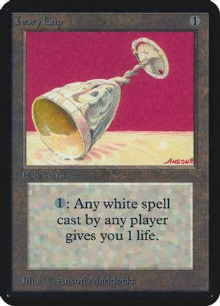 White cup artifact card art, silver and white, on a red background.