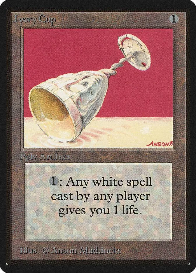 White and gold ivory cup on red background, Magic: The Gathering card.