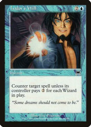 Wizard with glowing hand on blue and black card. Instant spell.