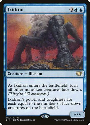 Dark, shadowy creature on a fiery landscape. Blue and black card art.