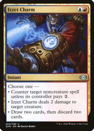 Card art shows hand holding glowing blue orb. Text reads "Izzet Charm.