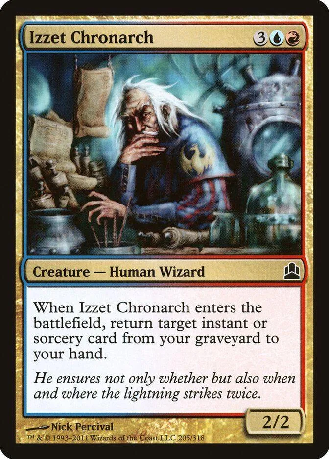 Wizard character with white hair in a dark, mystical setting on a trading card.