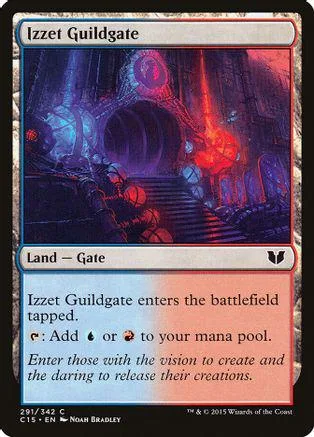 Magic: The Gathering card, Izzet Guildgate, dark purple and red artwork.