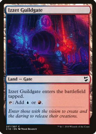 Magic: The Gathering card, Izzet Guildgate, dark purple and red fantasy art.