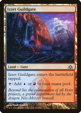Magic: The Gathering card, Izzet Guildgate, dark fantasy landscape art.
