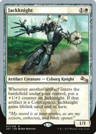 Armored cyborg knight attacking with mechanical arms on a green field.