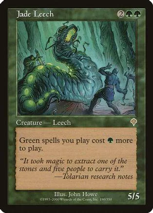 Green leeches in a dark forest scene on a collectible card.