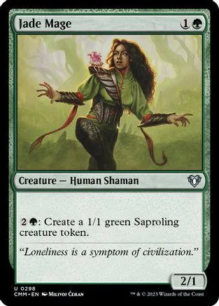 Shaman character art on green and black Magic card. Creature type, 2/1.