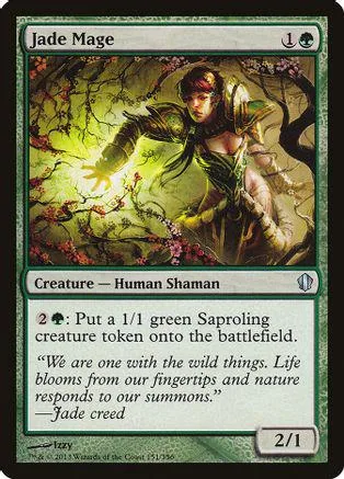Green and gold shaman character art on a Magic: The Gathering card.