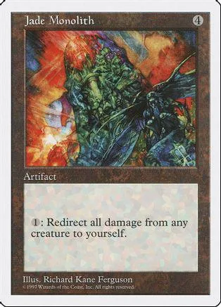 Green and blue monster artwork on a Magic: The Gathering Jade Monolith card.