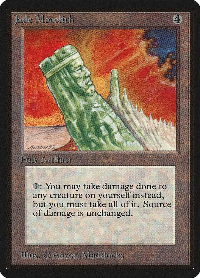 Green, textured monolith against red and orange sky on a trading card.