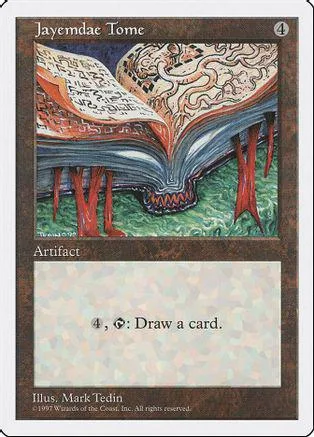 Open book illustration on a collectible card, featuring blue, red, and green tones.