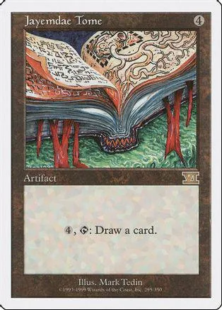Magic: The Gathering card, Jayemdae Tome, open book illustration, brown and blue tones.