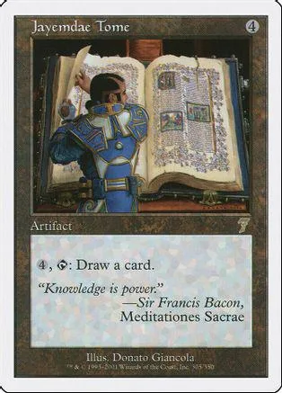 Card art shows figure reading large, open, illuminated book.