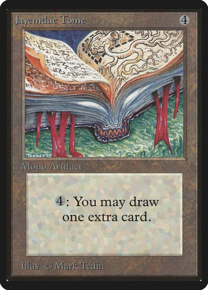 Magic: The Gathering card, Jayemdae Tome, open book art, blue and brown tones.