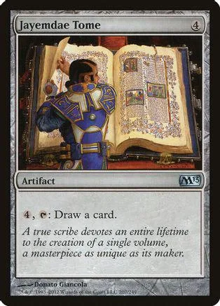 Card art shows figure reading large, open, illuminated book.