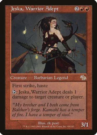 Dark-haired warrior woman on a Magic: The Gathering card, brown and black tones.