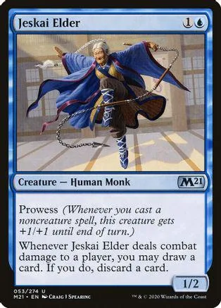 Blue and brown monk figure in flowing blue cloak on a trading card.